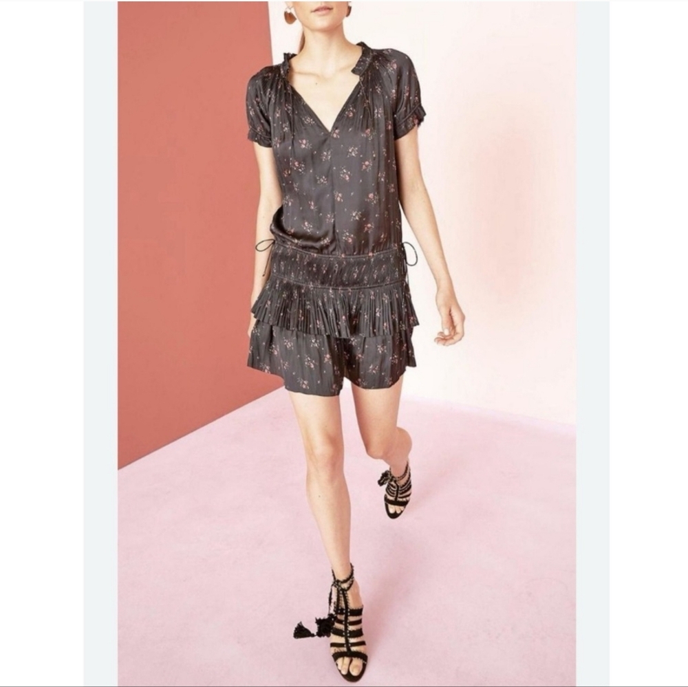 Ulla Johnson Nora Satin Plissé Mini Dress Black Floral‎ size 6